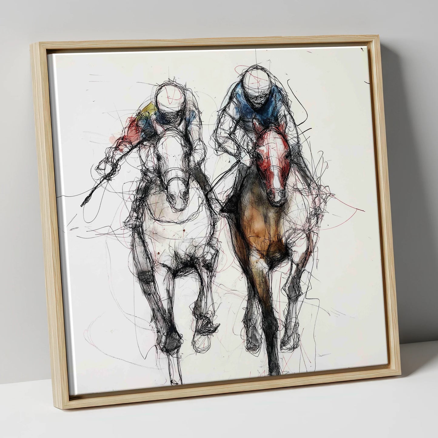 Neck and Neck racing horse canvas wall art in natural frame