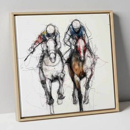 Neck and Neck racing horse canvas wall art in natural frame