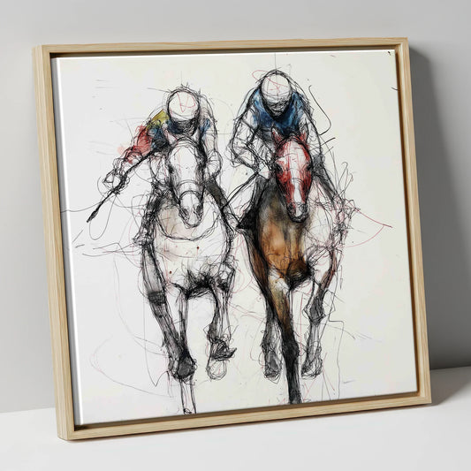 Neck and Neck racing horse canvas wall art in natural frame