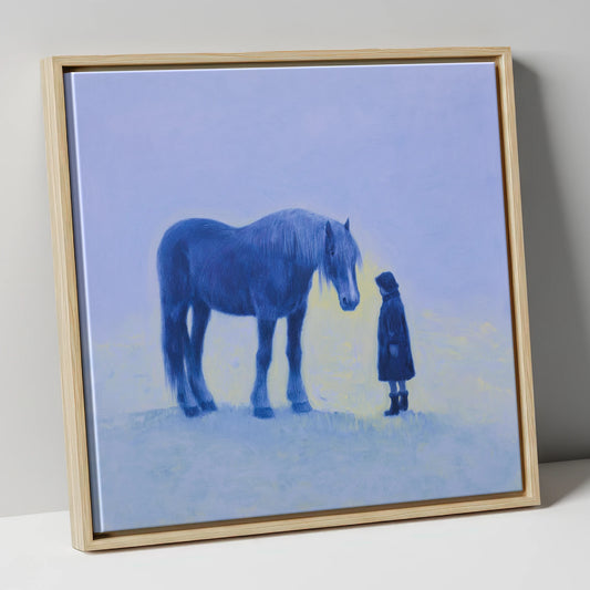 The Indigo Encounter horse & rider canvas wall art in natural frame