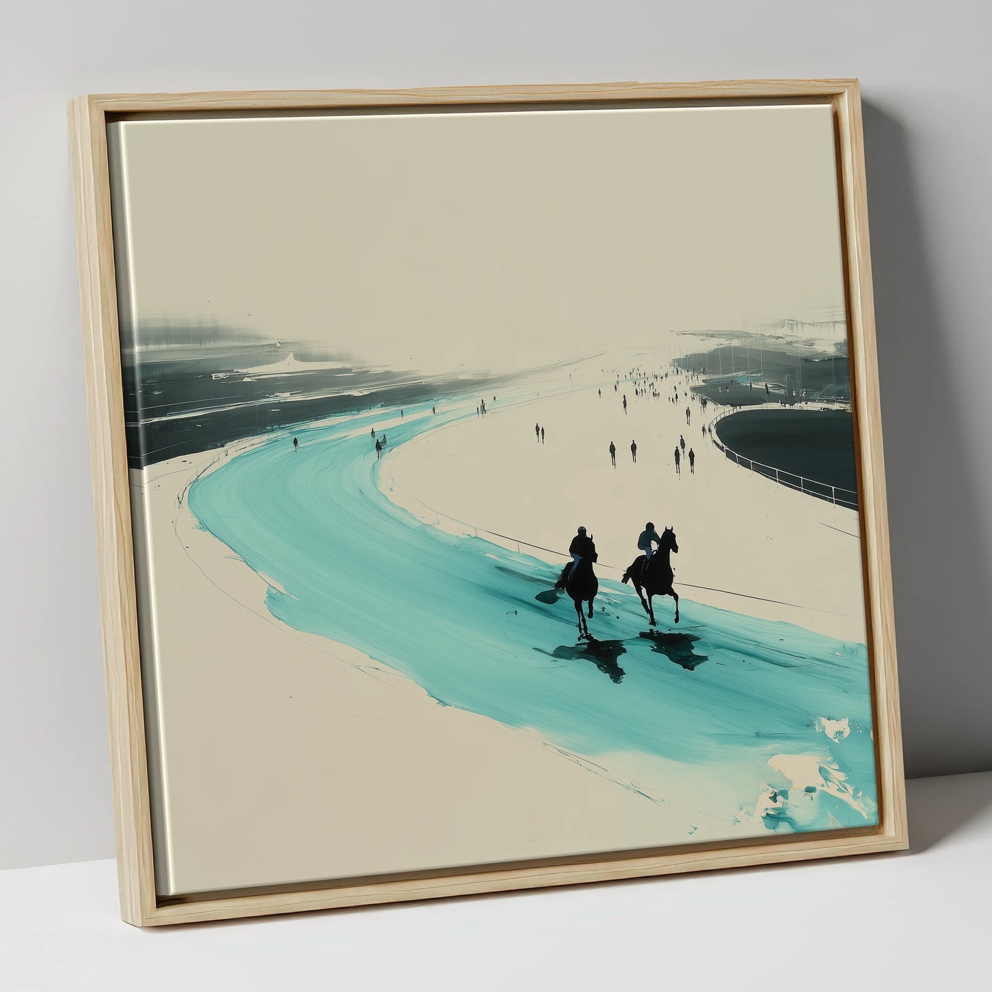 Sweeping the Bend racing horse canvas wall art in natural frame