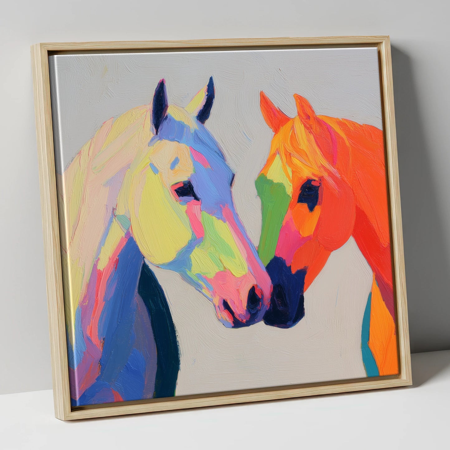 Technicolour Companions horse portrait canvas wall art in natural frame