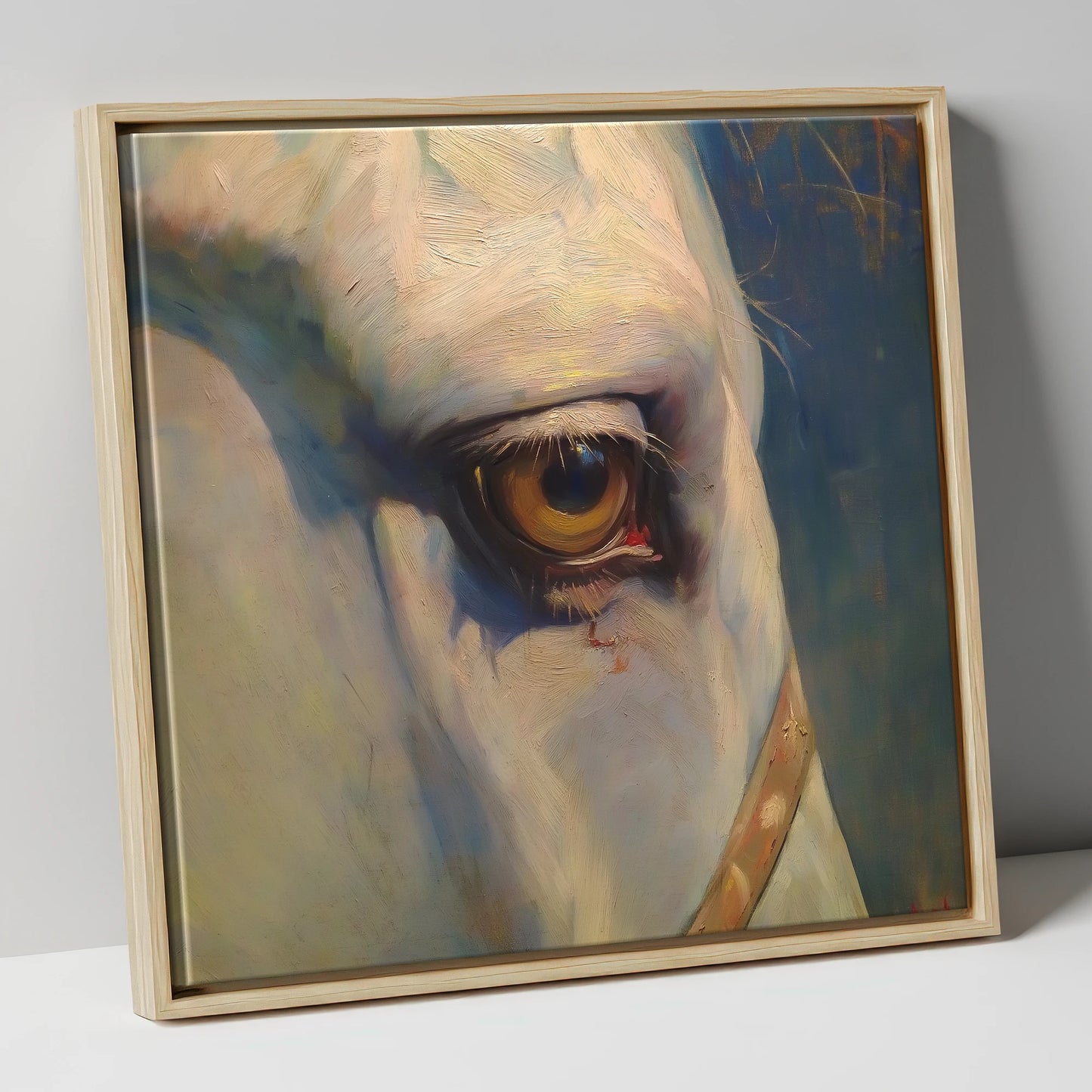 The Knowing Eye horse portrait canvas wall art in natural frame