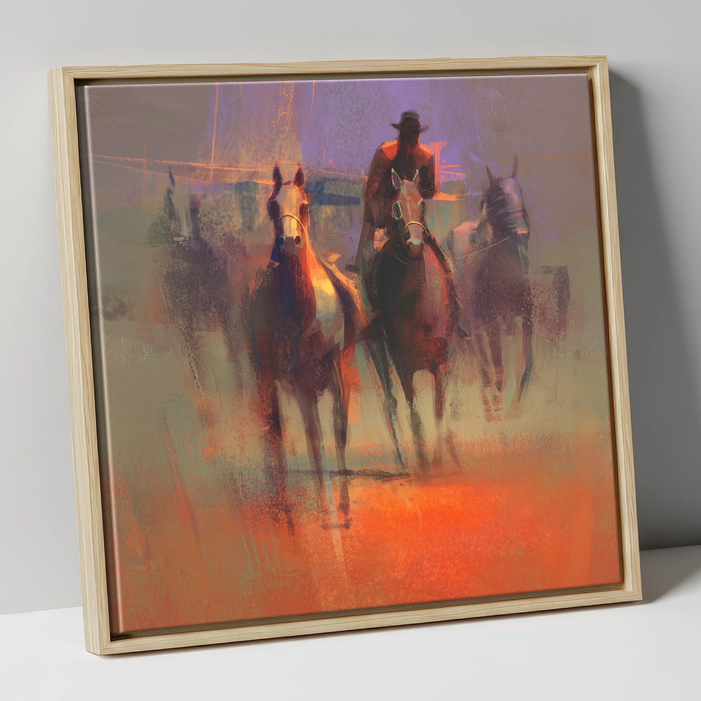 Through the Morning Dust racing horse canvas wall art in natural frame