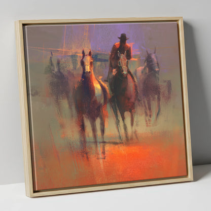 Through the Morning Dust racing horse canvas wall art in natural frame