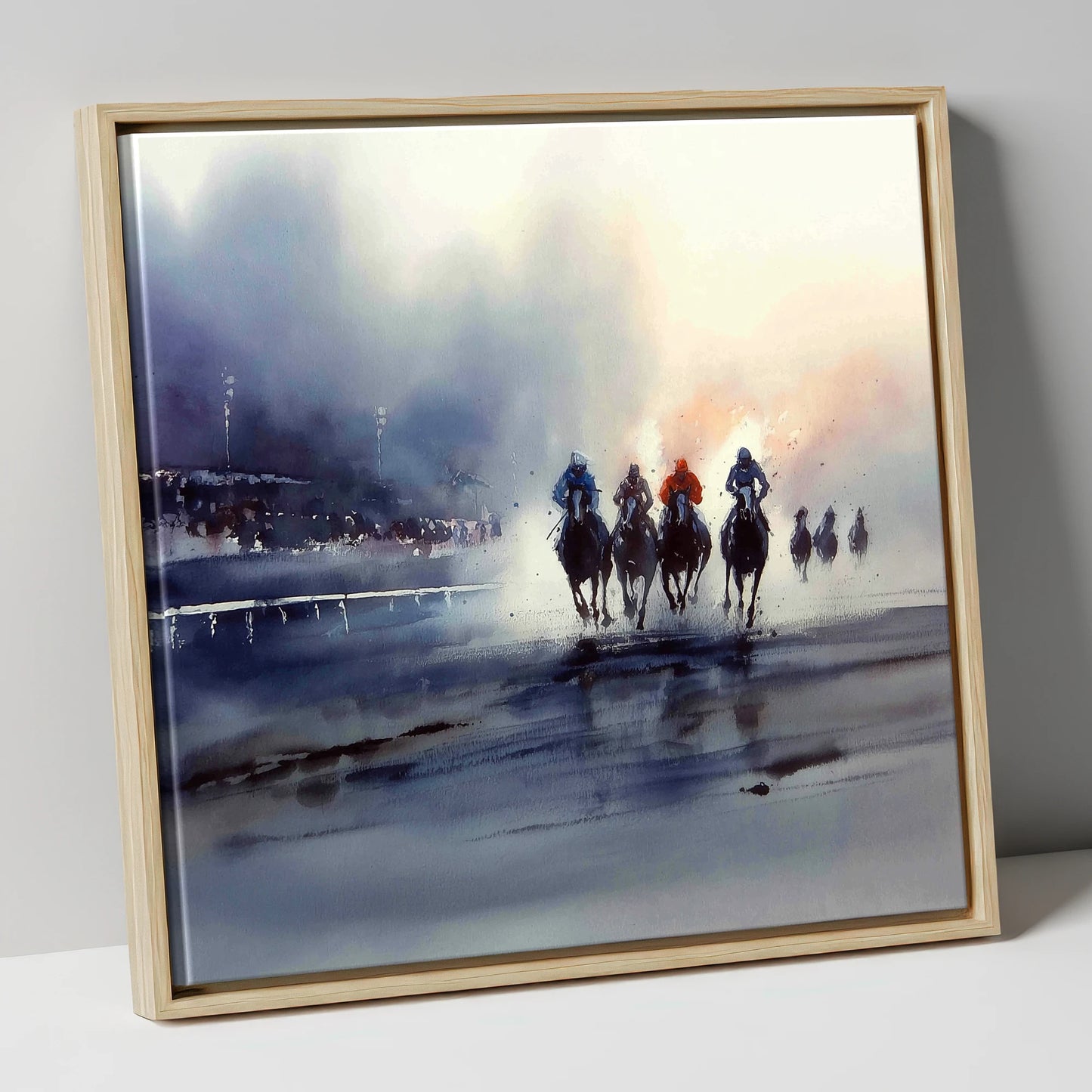 Out of the Mist racing horse canvas wall art in natural frame