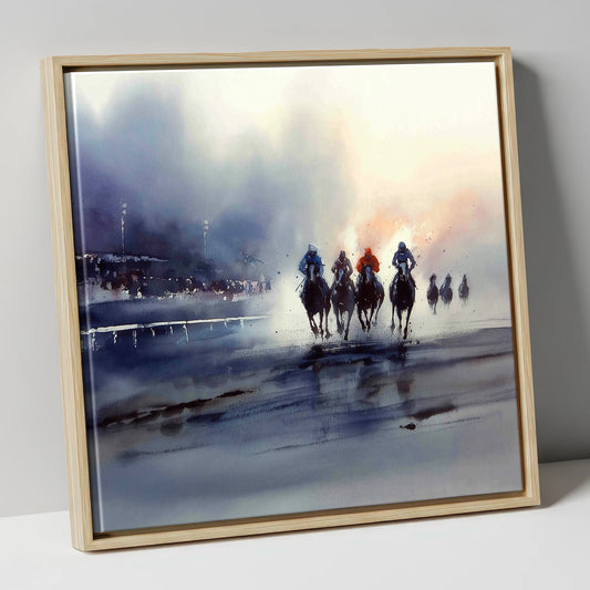 Out of the Mist racing horse canvas wall art in natural frame
