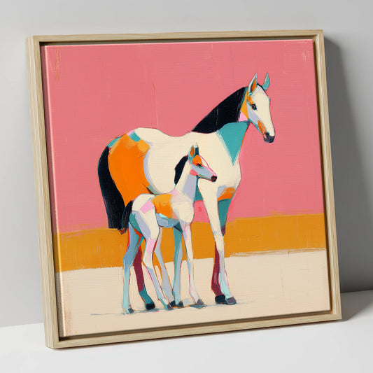 Vivid Painted Bond mare & foal canvas wall art in natural frame