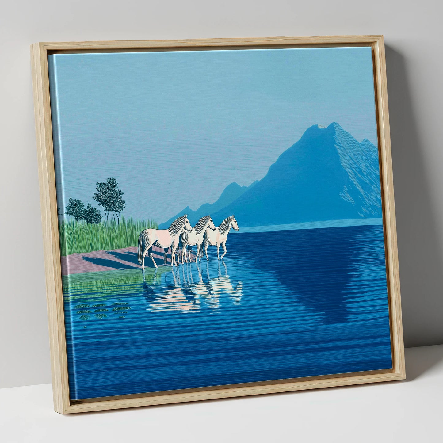 Reflections in Azure wild horses canvas wall art in natural frame