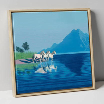 Reflections in Azure wild horses canvas wall art in natural frame