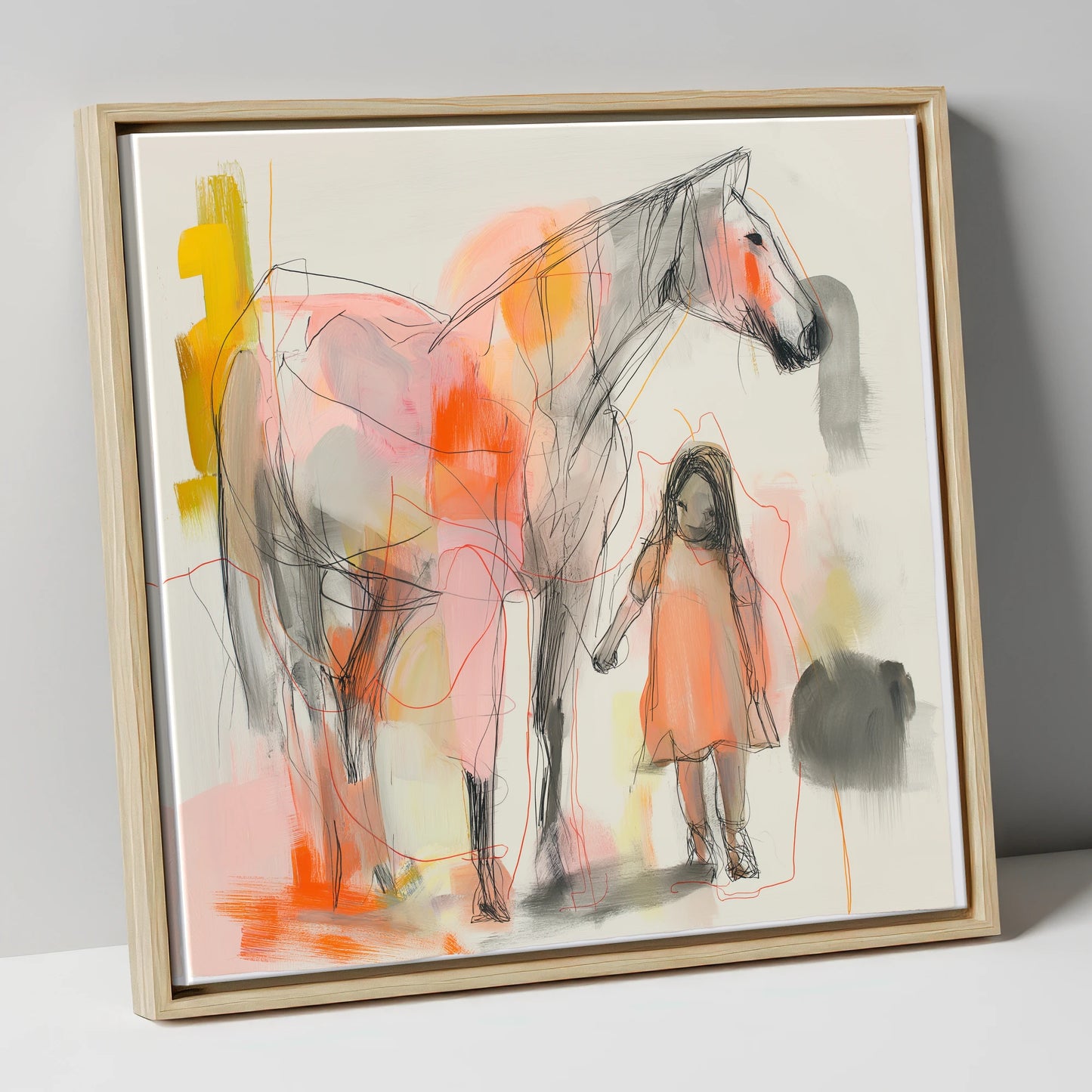 Vibrant First Bond horse & rider canvas wall art in natural frame