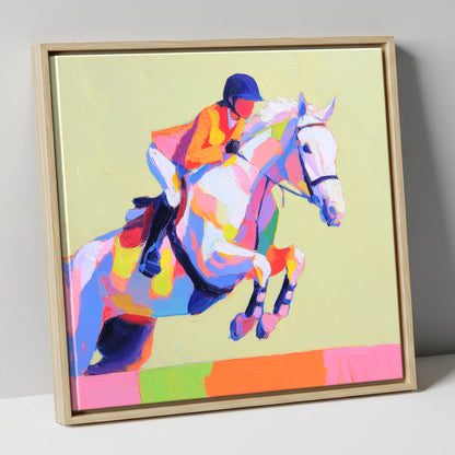 Technicolour Flight show jumping horse canvas wall art in natural frame