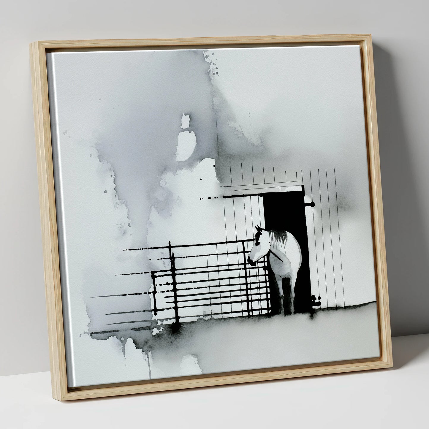 Dawn at the Stable horse stable canvas wall art in natural frame