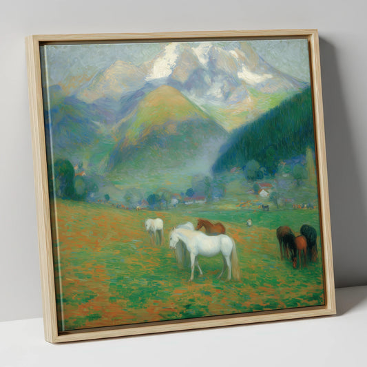 Luminous Mountain Pastures horse landscape canvas wall art in natural frame