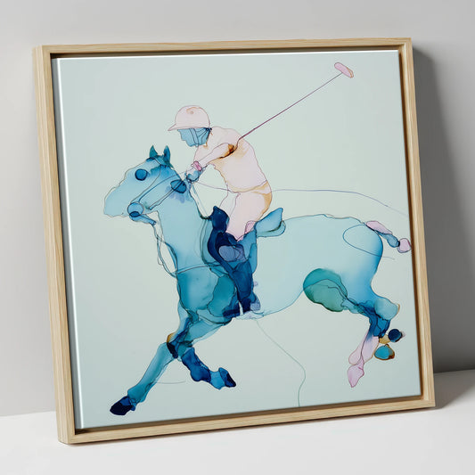 Fluid Polo Strike polo horse canvas wall art in natural frame
