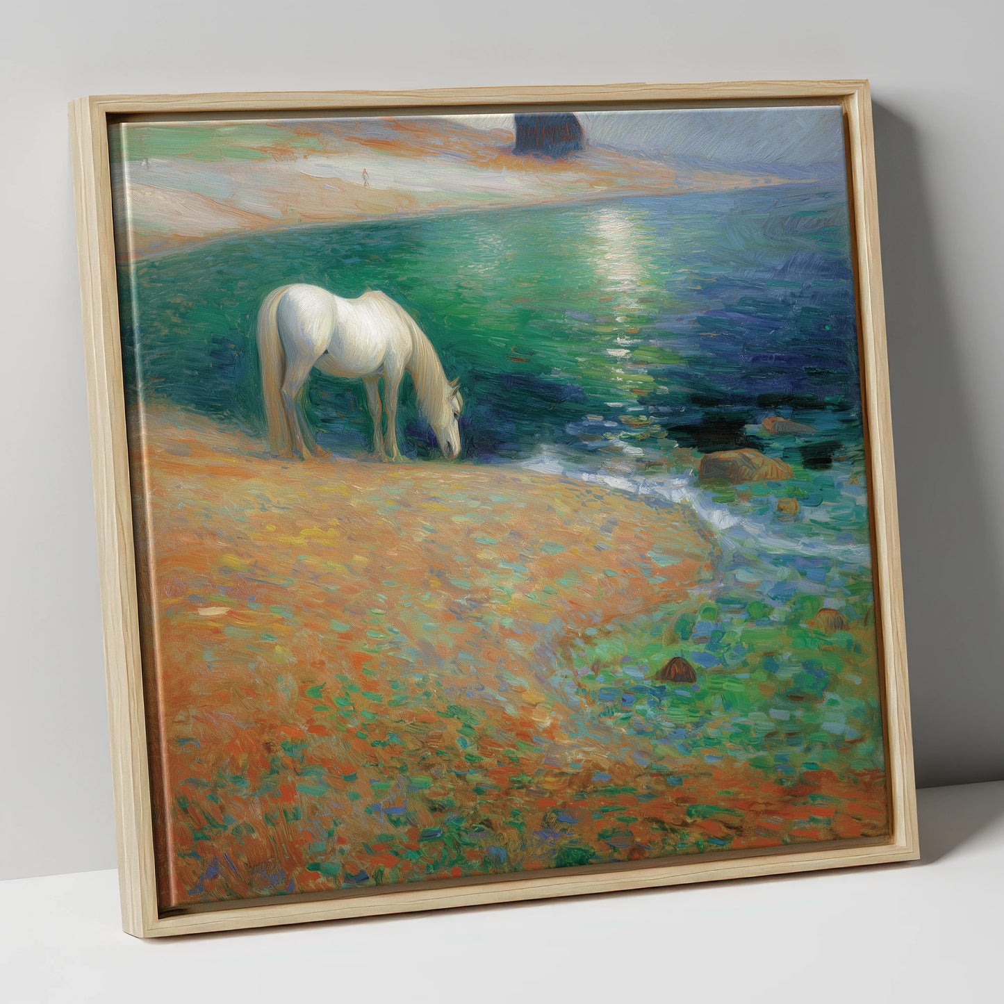 Luminous Coastal Shoreline horse landscape canvas wall art in natural frame