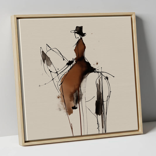 Sepia Equestrian Silhouette horse & rider canvas wall art in natural frame