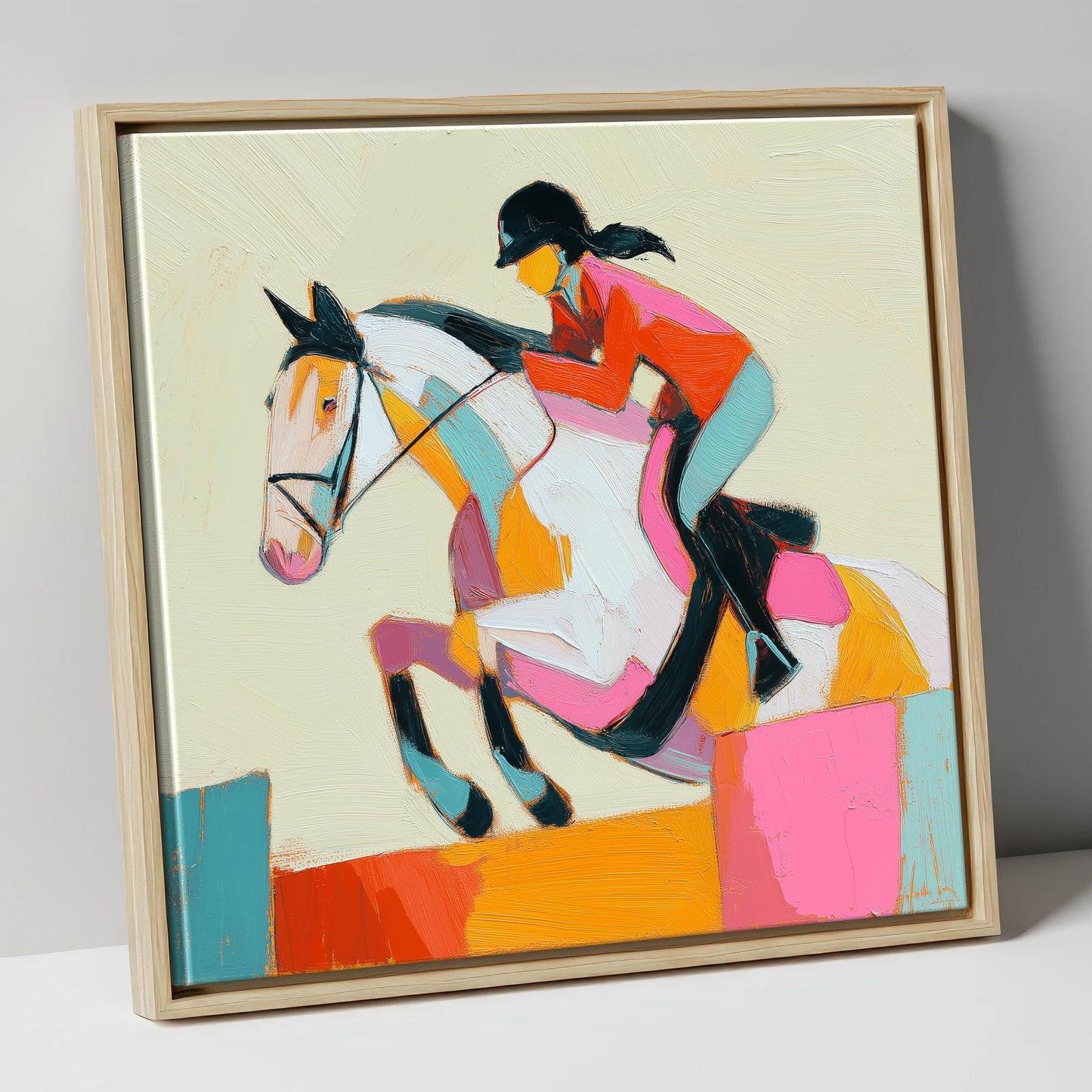Painted Flight show jumping horse canvas wall art in natural frame