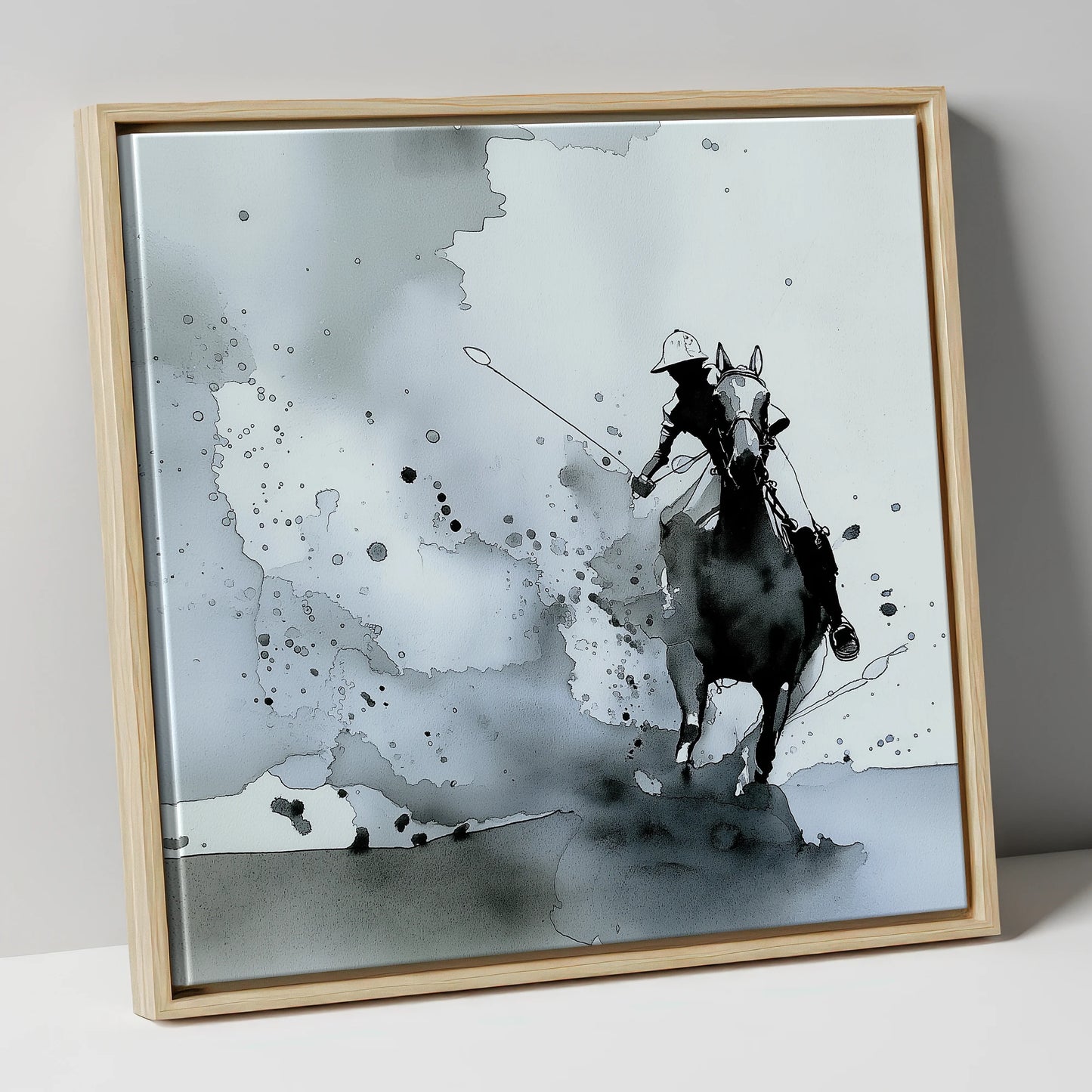Out of the Mist polo horse canvas wall art in natural frame