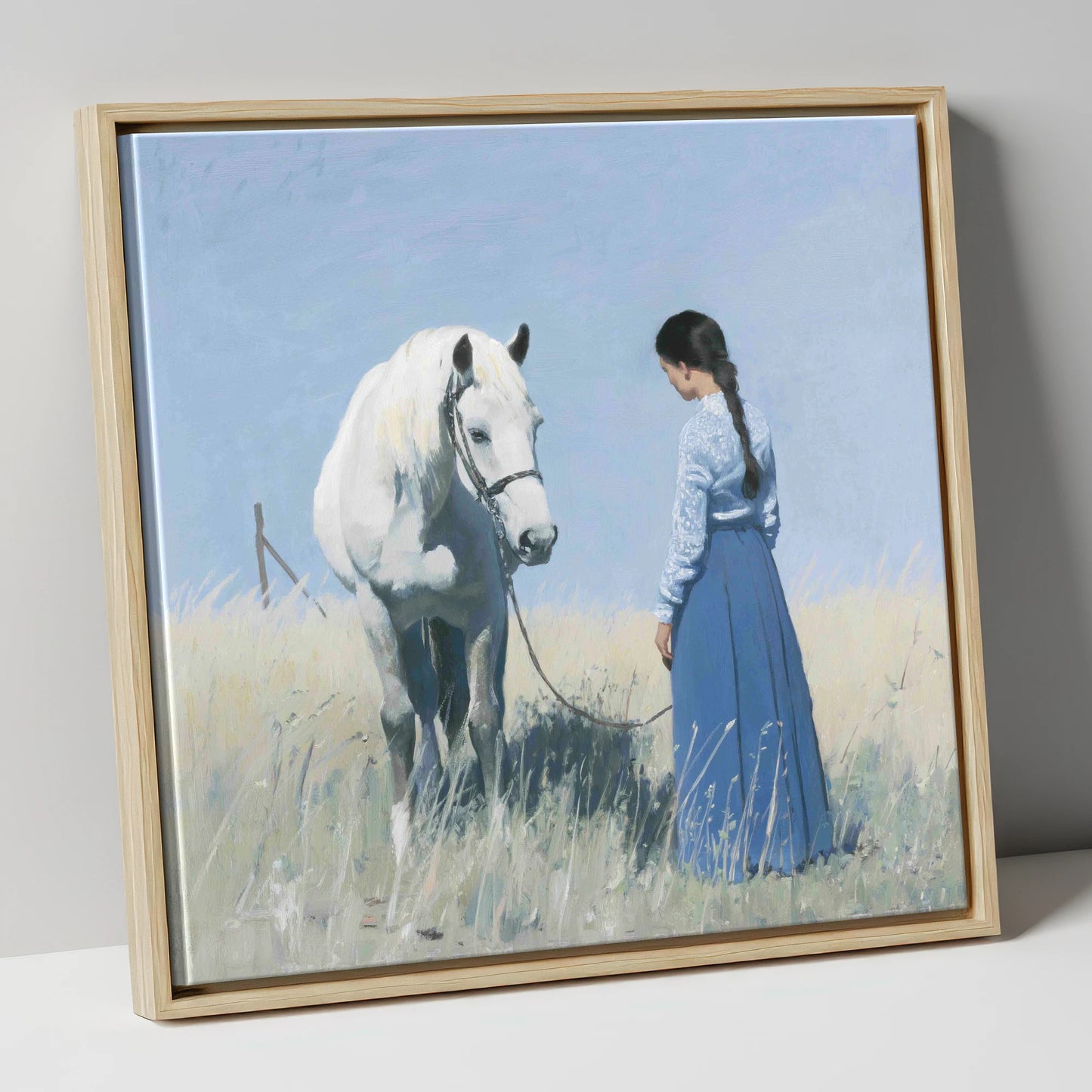The Silent Conversation horse & rider canvas wall art in natural frame