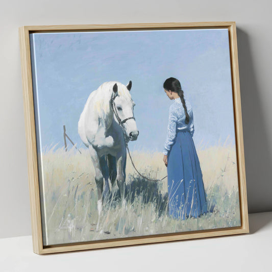 The Silent Conversation horse & rider canvas wall art in natural frame