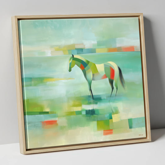 Emerald Beach Mosaic beach horse canvas wall art in natural frame
