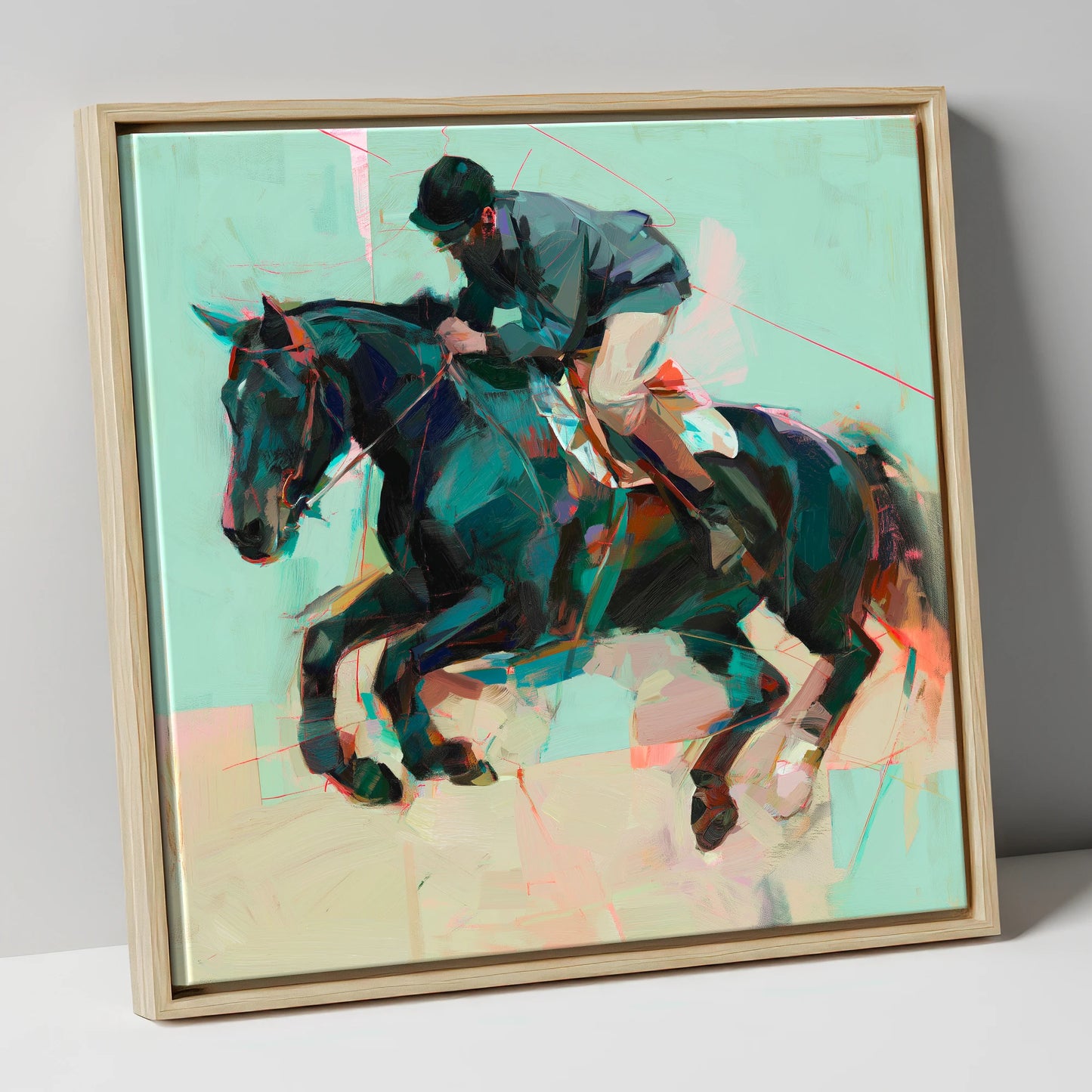 Modern Showjumper show jumping horse canvas wall art in natural frame