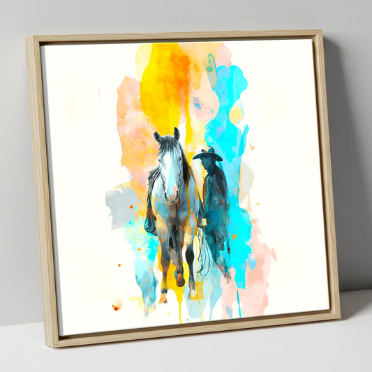Vibrant Frontier Bond western horse canvas wall art in natural frame