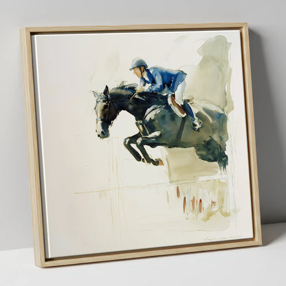Suspended Grace show jumping horse canvas wall art in natural frame