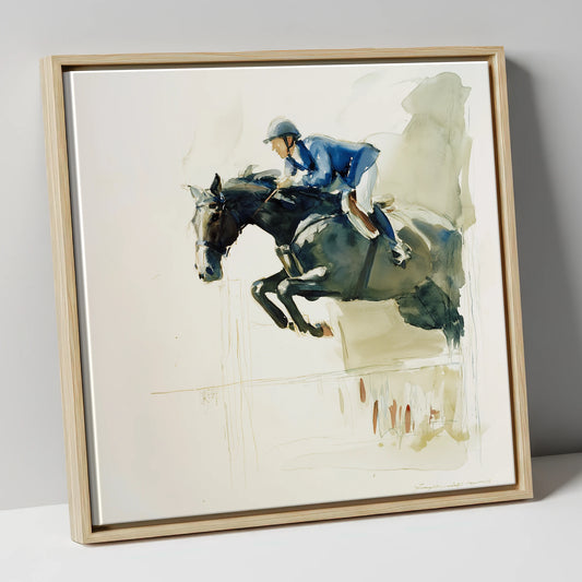 Suspended Grace show jumping horse canvas wall art in natural frame