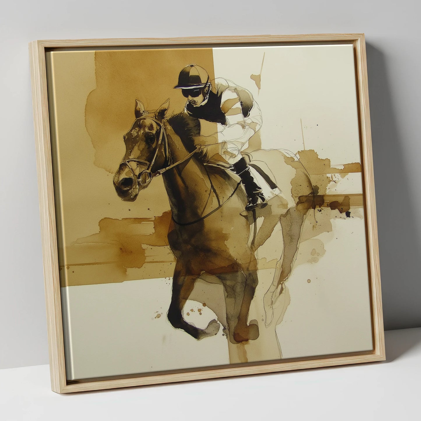 Sepia Sprint racing horse canvas wall art in natural frame