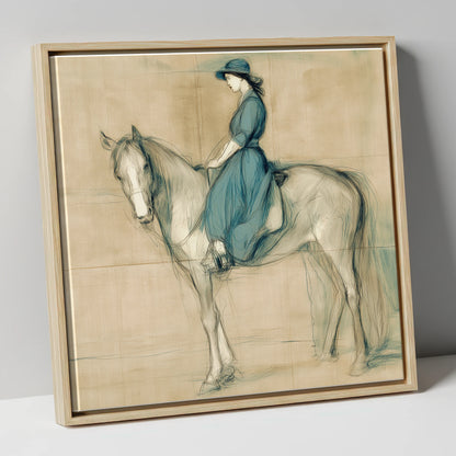 The Lady in Teal horse & rider canvas wall art in natural frame