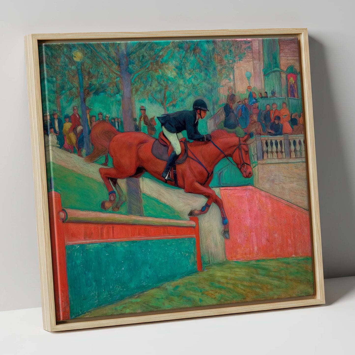 The Emerald Leap show jumping horse canvas wall art in natural frame