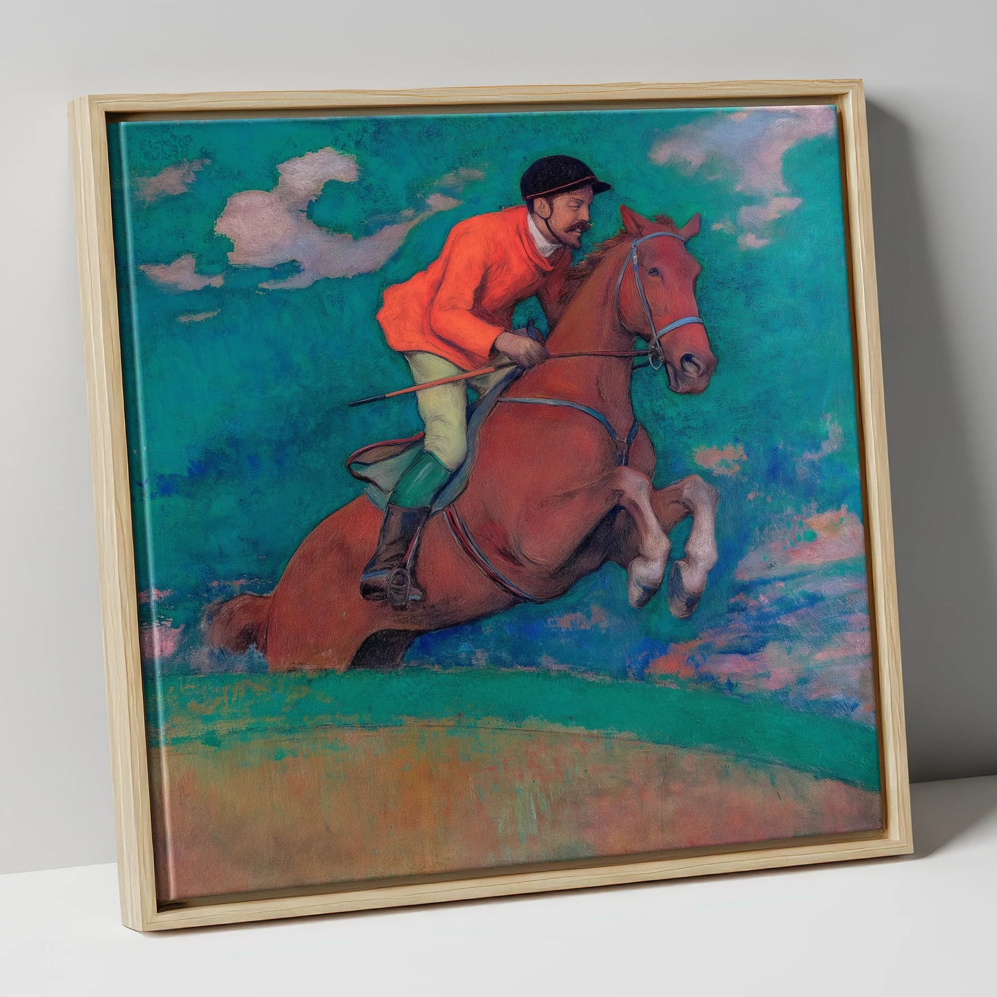 The Crimson Chase racing horse canvas wall art in natural frame