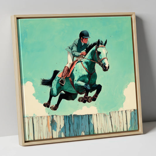 Teal Airborne Leap show jumping horse canvas wall art in natural frame