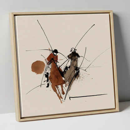 The Ride-Off polo horse canvas wall art in natural frame