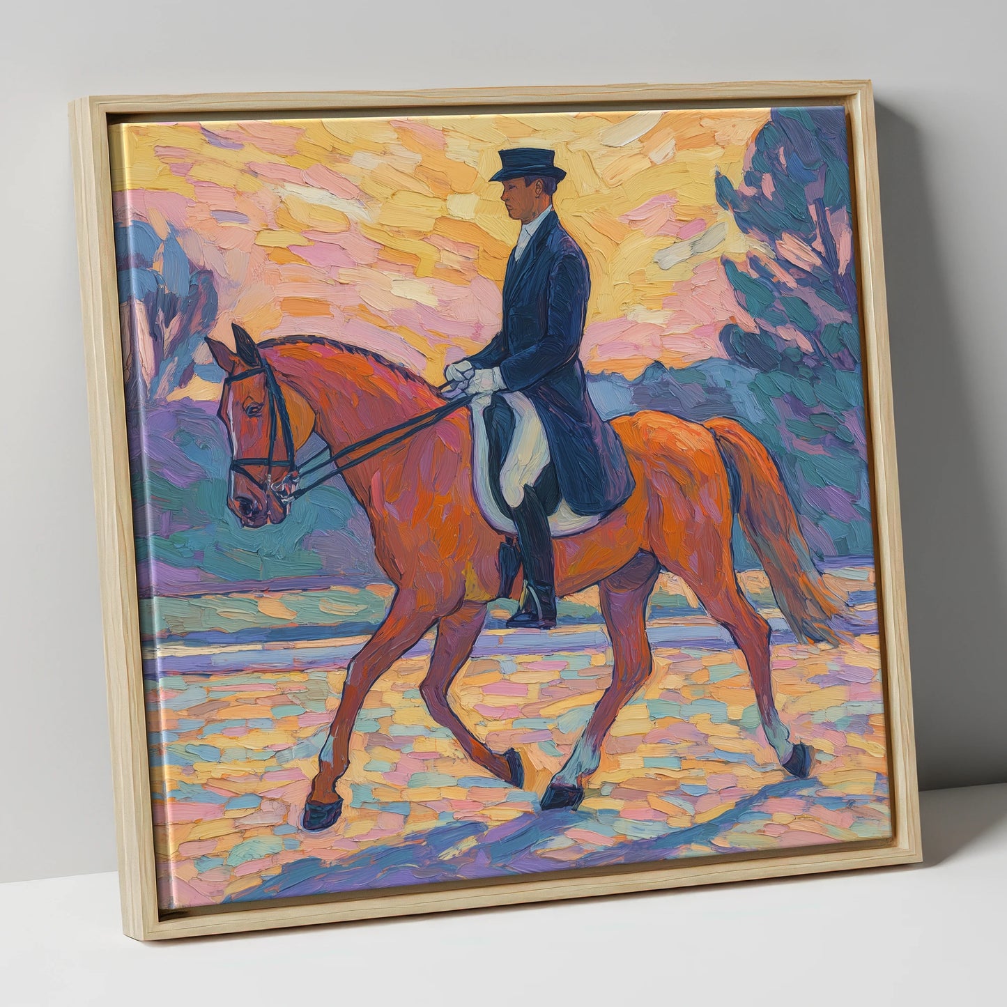 Painted Dressage Elegance dressage horse canvas wall art in natural frame