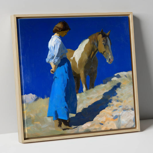 Under the Cobalt Sky horse & rider canvas wall art in natural frame