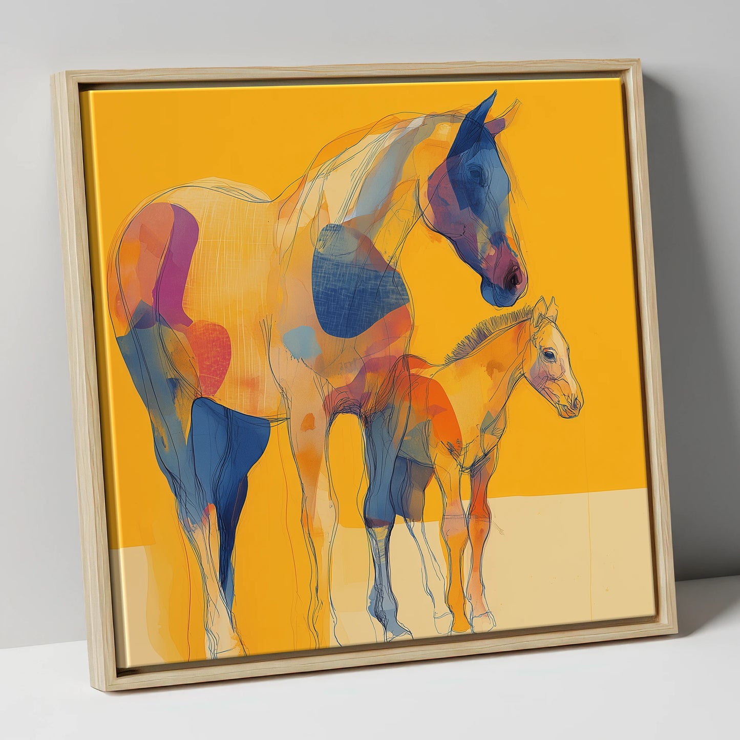 Golden Horizon Connections mare & foal canvas wall art in natural frame