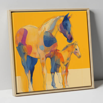 Golden Horizon Connections mare & foal canvas wall art in natural frame