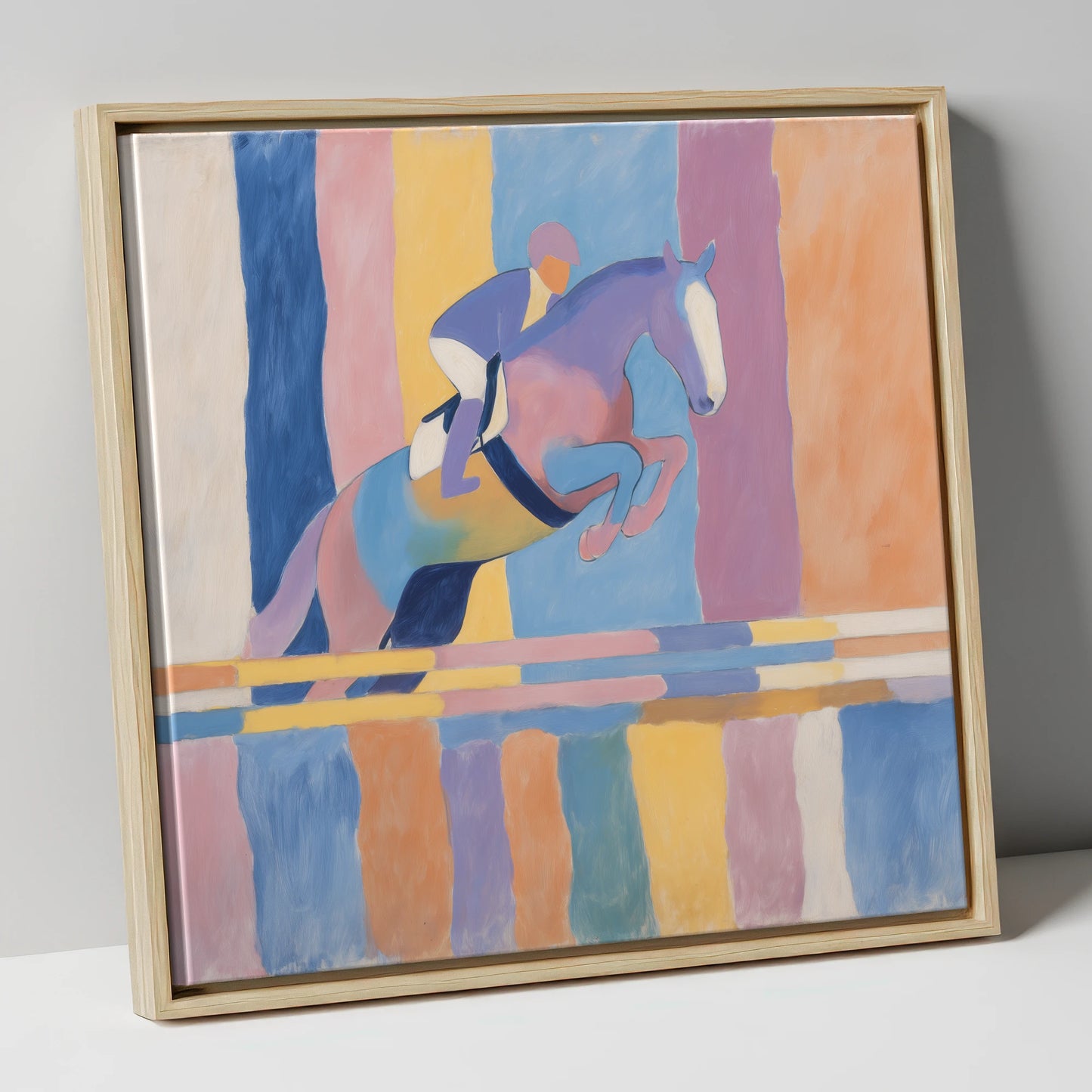 Pastel Flight show jumping horse canvas wall art in natural frame