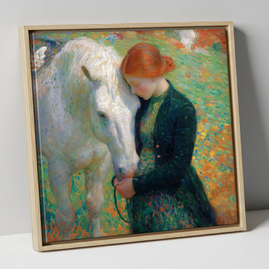 The Serene Bond horse & rider canvas wall art in natural frame
