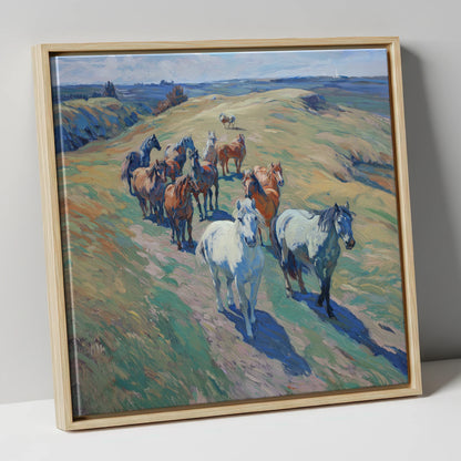 Over the Sunlit Rise wild horses canvas wall art in natural frame