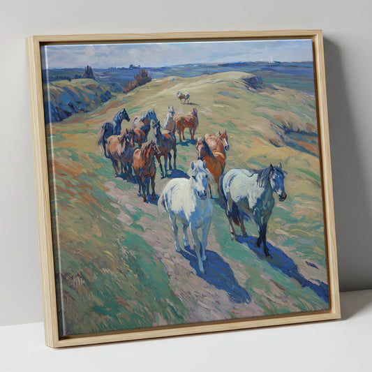 Over the Sunlit Rise wild horses canvas wall art in natural frame