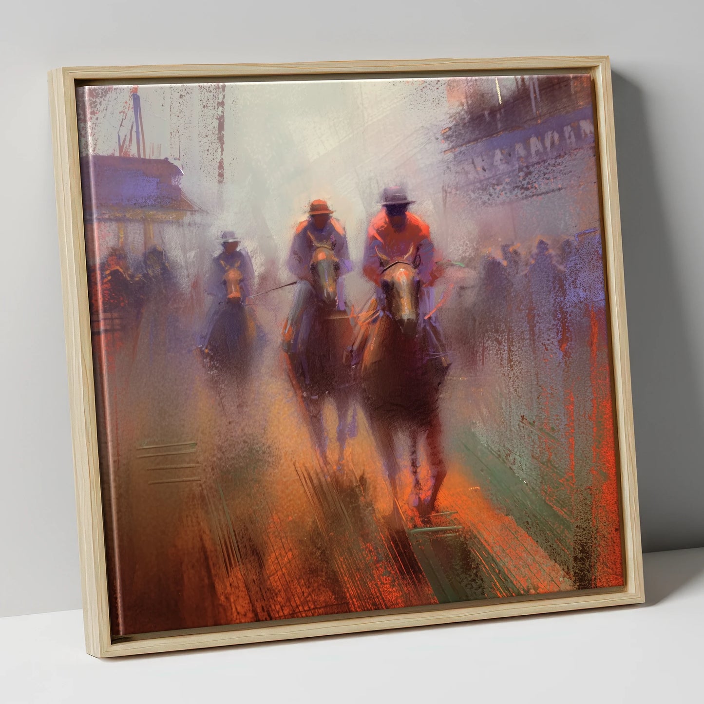 Out of the Haze racing horse canvas wall art in natural frame