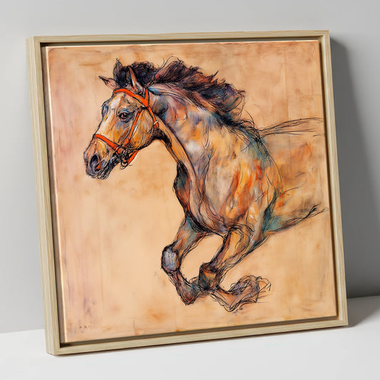 The Morning Gallop racing horse canvas wall art in natural frame