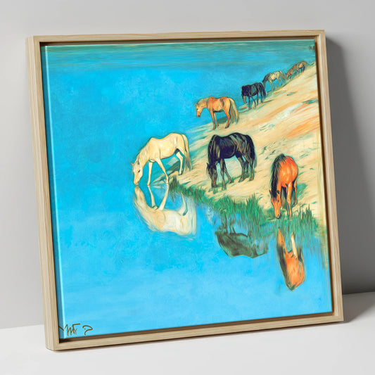 Azure Bank Reflections wild horses canvas wall art in natural frame