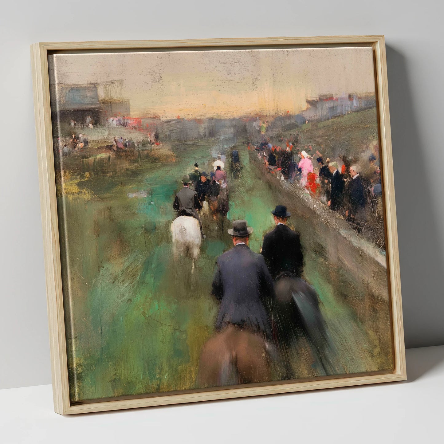 The Paddock Procession racing horse canvas wall art in natural frame
