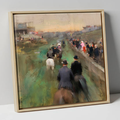 The Paddock Procession racing horse canvas wall art in natural frame