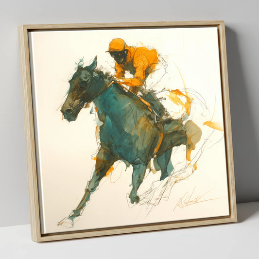 Amber Silks at Speed racing horse canvas wall art in natural frame